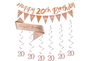TSILIN Happy 20th Birthday Decorations Kit For Girls,Rose Gold Happy 20th Birthday Banner bunting,Triangle Flag Sash Hanging Swirls Streamers,For Women Birthday Party Supplies 20th Birthday Gift(20th)