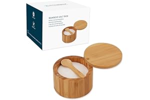 KITCHENDAO Bamboo Salt Box with Built-in Spoon to Prevent Dust, Elegant Seasoning Box, Kitchen Salt Pepper Spice Cellars Storage Container with Swivel Magnetic Lid - 6oz