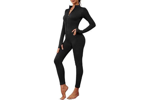 Svanco Sportig långärmad jumpsuit dam ribbad playsuit dragkedja unitard helkroppsdräkter romer fitness yoga endelar och jumpsuits för kvinnor S-L