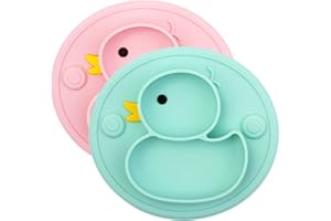 AUNEOS Baby Suction Plates, Non-Slip Feeding Plate for Toddlers Babies Kids with Suction Cups Fits Most Highchair Trays BPA-Free FDA Approved, Dishwasher and Microwave Safe (Cyan/Rose Duck)