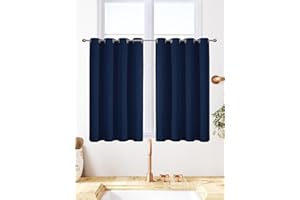 VEHEDE Blackou Short Small Window Curtains 33 Inch Drop, Eyelet Thermal Insulated Navy Curtain for Cafe, Soft Kitchen Curtains, Bedroom Curtain & Drapes, W46 x L33 Inch, Navy Blue, 2 Panels