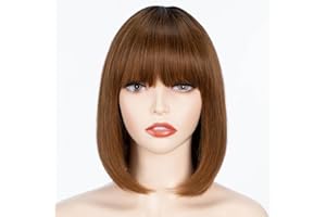 FASHION IDOL Bob Peluca de Cabello Humano con Flequillo para Mujeres Negras Pelo Liso Corto 25CM Natural Negro Sin Pegamento Hecho a Máquina Pelucas Bob Cortas