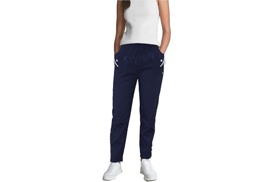URBAN STITCH Trouser for Women UK Casual Full Length Elasticated High Waist Pants with Stretch Light Weight Summer Straight fit Ladies Bottoms