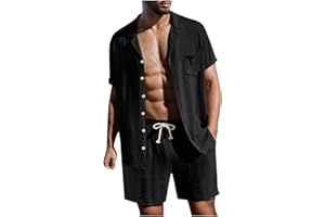 GÉNÉRIQUE Survêtement d'été 2 pièces pour Homme en coton et lin Avec poches et chemise de sport pour Homme Léger et à séchage rapide Ensemble Chemise Short Homme Survêtement de sport 2 pièces pour Homme
