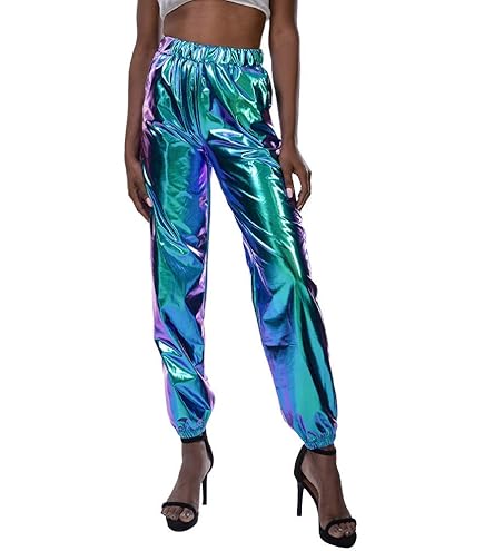 Damen Glitzer Hose Metallic Glänzend - Weite Palazzo Hosen Für Party & Disco