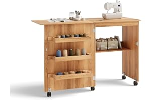 LIFEZEAL Armadietto per Cucito, Tavolo per Macchina da Cucire, Tavolo da Stiro, 5 Ruote, 3 Mensole e 1 Ripiano, Piano Pieghevole, 117x40x 77cm, Legno, Naturale