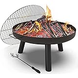 VOUNOT Brasero Exterior 60 cm Hoguera Jardín con Trípode y Asas, Pozo de Fuego Fire Bowl Negro, para Jardín Terraza Camping F