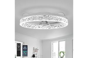 YUNLONG Ventilador de Techo con Luz y Mando a Distancia Silencioso dc Lampara Ventilador Sin Aspas Cristal Ventiladores Techo Modernos con Temporizador Regulable 6 Velocidades para Dormitorio,Blanco