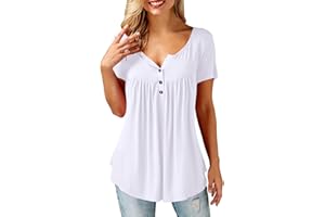 Amoretu T-Shirt Damen V-Ausschnitt Knopfleiste Bluse Solide Tunika Langarm/Kurzarm Tops