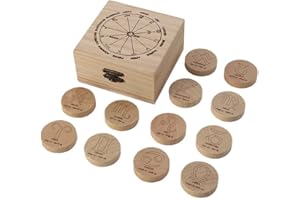 Lpitoy Witch Rune Stones Set Wood Runes with Box Twelve Zodiac Signs Meditation Runes Healing Divinations Witchcrafts Home Decor