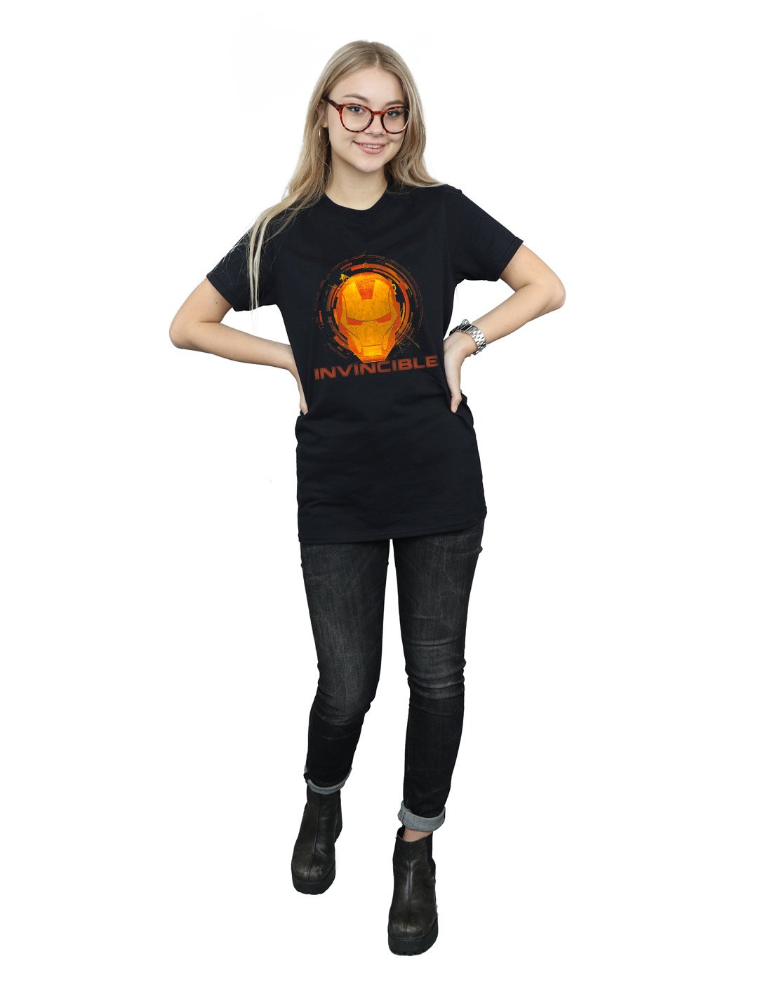 Marvel-Damen-Iron-Man-Invincible-Boyfriend-Fit-T-Shirt-Large-Schwarz