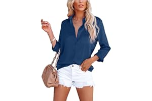 Homlan Blusa elegante de mujer con cuello en V de satén, mangas largas, estilo informal, camisa holgada de color sólido con bolsillo en el pecho