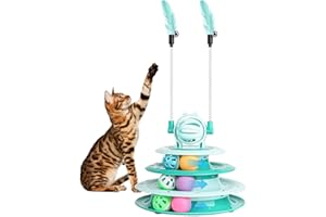 DEMOCRATIDO 3 in 1 Katzenspielzeug,Interaktives katzenspielzeug mit 2 Federn& Ballübungs Katzenspielzeug,Teaser Spaß für Kätzchen(Grüner)