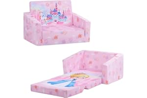 DECALSWEET Sofás Plegables para niños con Respaldo Sillón 2 en 1, Sillón Infantil Cómoda Estable Ligero con Bolsillo de Tela, Sofá Cama Asiento para Bebé para Dormitorio Sala de Juegos, Castillo Princesa