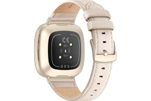 Tuocal Leder Armband kompatibel für Versa 3 Armband/Sense Armband Damen Herren, Echtleder Armband Ersatzband Weiches Atmungsaktives Ersatzarmband Kompatibel mit Versa 3 / Sense, Beige