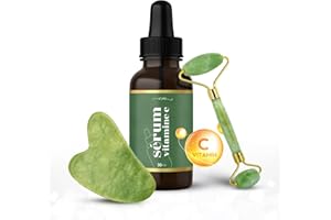 ECO MASTERS Rouleau de Jade, Pierre Gua Sha & Sérum Vitamine C 30ml - Rouleau de Massage, Soin pour le Visage - Jade Roller Pour Cou, Mâchoire, Joues & Front - Coffret 3en1 - Skincare, Cadeau Pour Femmes Hommes