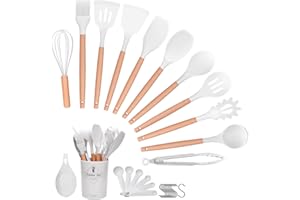 Helterfolg 29 Pièces Kit Ustensiles de Cuisine, Set de Couverts de Cuisine, Poignée en Bois, Résistant à la Chaleur, Sains et Antiadhésifs, Passent au Lave-Vaisselle, Sans BPA (Blanc)