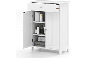 COSTWAY Szafka łazienkowa z szufladą i 2 drzwiami, szafka łazienkowa z regulowanym regałem, wolnostojąca komoda łazienkowa z drewna, szafka do przechowywania, do łazienki, salonu, 60 x 30 x 80 cm