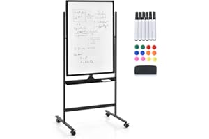 GYMAX Lavagna Magnetica con 4 Ruote, Lavagna Bifacciale con Set di Accessori, Cancellabile a Secco, Lavagna Mobile Regolabile in Altezza, per Scuola, Ufficio, Casa (60 x 90cm, Nero)