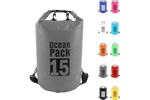 POPOYU 15L Grau Wasserdichte Tasche, Dry Bag 2L/5L/10L/15L/20L/30L mit Verstellbarem Gurt, Schützt Telefon/Karte, Roll Top Wasserdichter Beutel Rucksack für Schwimmen/Rafting/Kajak/Bootfahren/Camping/Strand