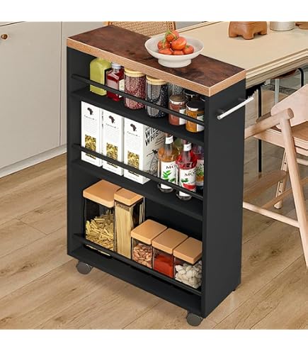 Carrello Da Cucina In Legno E Metallo - 3 Ripiani Regolabili, Con Ruote E Maniglia, Mobile Salvaspazio 50x79x15 Cm