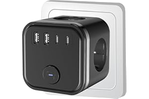 ALEMIN 7 en 1 USB Cubo Enchufe, Ladron Enchufes 3680W, Múltiples Pared con 3 Tomas de CA, 2 Tipo C y Interruptor, regleta enchufes con USB, Cargador Ladron para Hogar Oficina, Negro