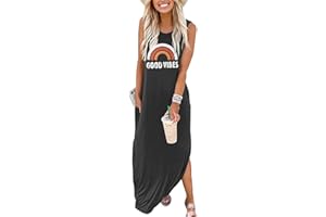 Sxkayxr Women's Summer Sleeveless Maxi Dress Casual Loose Beach Good Vibes Tshirt Dresses with Pockets