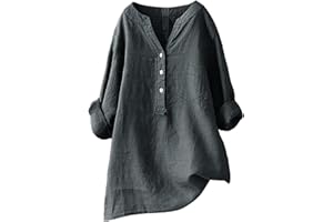 HRJXFPT Ladies Linen Tops for Women UK Plus Size Long/Short Sleeve T Shirts Summer V Neck Cotton Linen Blouses Top Tshirts Sales Solid Color Button up 2025 New Comfy Casual Loose Tunic Daily Essential Gifts