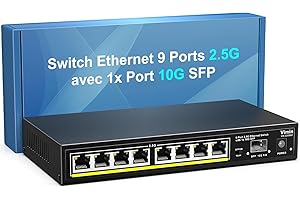 VIMIN Switch Ethernet Non Géré à 9 Ports avec 2,5 Gbps et SFP 10G, 8 Ports Base-T de 2,5 Gbps avec Une Capacité de Commutation de 60 Gbps, Compatible avec Les Réseaux 10/100/1000 Mbps, VLAN
