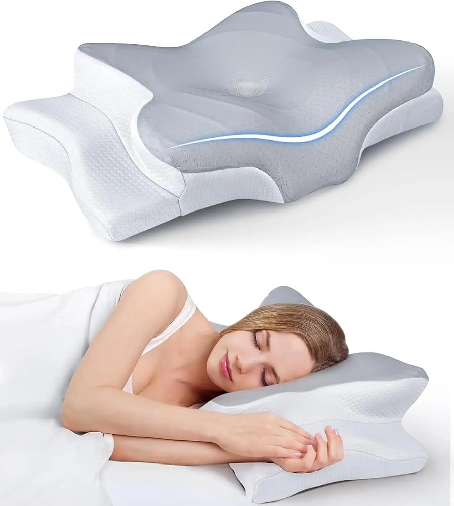 Premium Ortopedik Yastık – Konturlu Boyun Yastığı, Hafızalı Köpük, Ergonomik Boyun ve Omuz Desteği, Serinletici ve Kokusuz, Yan ve Sırtüstü Yatanlar İçin (Beyaz Gri)