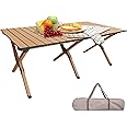 VUCATIN Folding Camping Table, Portable Picnic Table with Carry Bag, 4-6 Person Lightweight Aluminum Roll-up Table for Camping Outdoor Picnic BBQ Backyard Party Beach (Beech pattern color)