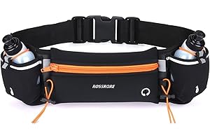 ROSSRORE Unisex Running Hydration Belt with 2x6oz Water Bottles - No Bounce Design, Waterproof Waist Pack for Phone, Reflective Gear for Runners, Cyclists, Hiking (Orange)