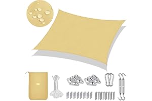 Sekey Sonnensegel Wasserdicht 2x3m Rechteckig mit Edelstahl Befestigungs Kit PES Polyester, Sonnenschutz 95% UV Schutz Windschutz Reißfest Wetterfest, für Balkon Garten, Sand