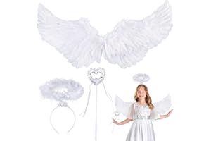 QUNKUN 3 pezzi di ali d'angelo, ali d'angelo, bianco, decorazione di ali d'angelo, alone, bacchetta magica, 60 cm, ali d'angelo, costume da festa di carnevale (A)