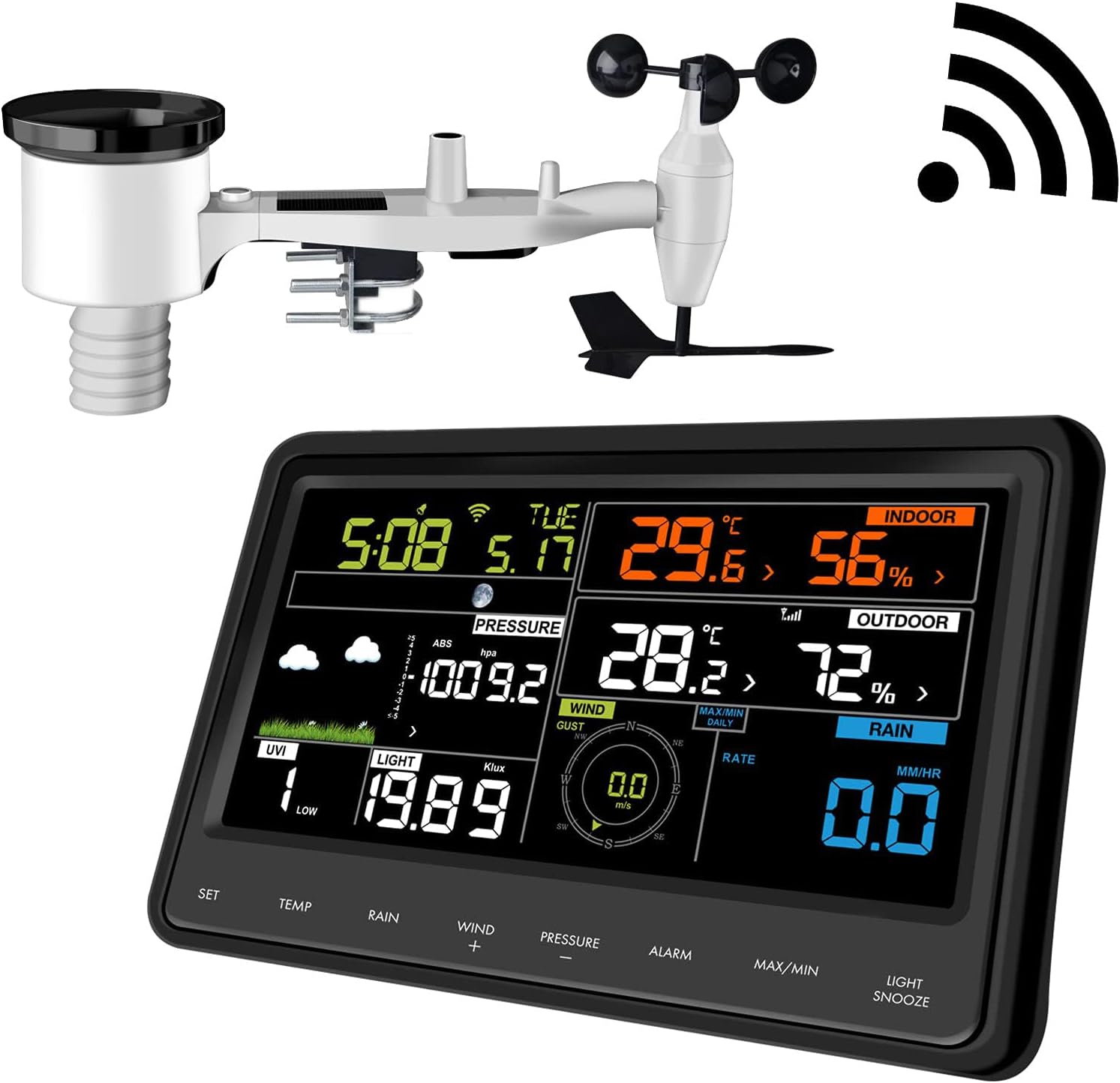 Ecowitt Estación meteorológica inalámbrica Wi-Fi - Estación meteorológica digital profesional con pantalla a color grande, sensor 7 en 1 para exteriores, sensor integrado para interiores, WS2910