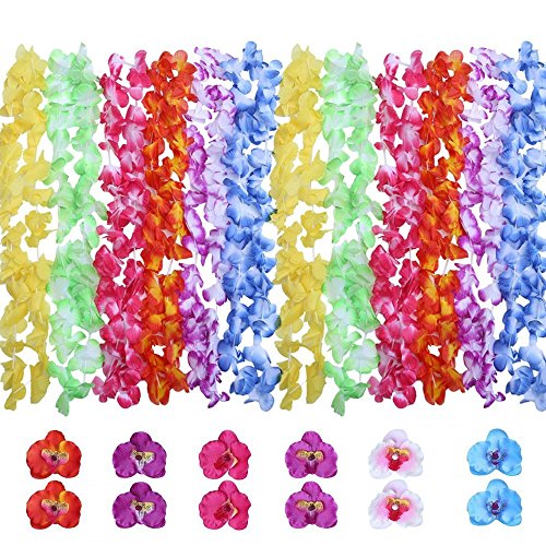 Goodlucky365 12 Stück Hawaii gekräuselte Blumen Girlande Blumenkranz und 12 Stück Hawaii Blumen Haarspange für Strand Thema Party, Geburtstag