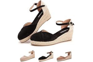 Hitmars Sandalias Mujer Verano Cuña Alpargatas Plataforma Esparto Tacon Medio Alto Espadrilles Punta Cerrada Zapatos Elegantes Negro Beige Caqui 36-43 EU