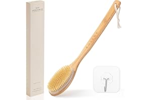 ROSENA Brosse de douche de qualité supérieure avec manche long – Design monobloc solide – Poils naturels doux – Pour un brossage humide et sec – Exfoliation naturelle de la peau et éclat