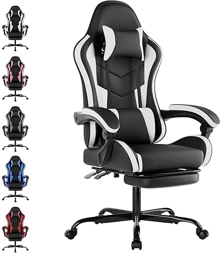 SUKIDA Gamingstoel, computerstoel, ergonomische gamingstoel met voetensteun, bureaustoel, ergonomische computerstoel met lendensteun, rozewit
