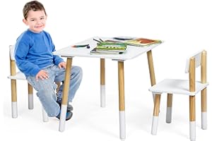 GOPLUS Set Tavolo e 2 Sedie per Bambini, Set Mobile con Gambe in Legno di Pino, Mobili per Studiare, Mangiare e Dipingere, Sedia con Schienale Facile da Pulire, Bianco