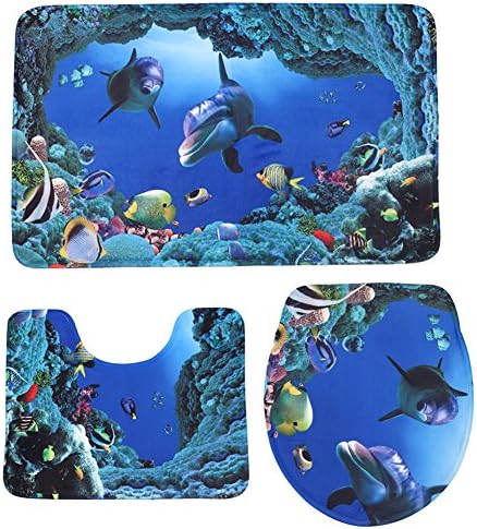 3-Piece Washable Bathroom Rug Set, Non-slip Bath Mat, U-shaped Contour Rug and Toilet Lid Cover (Dolphin)