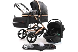 Pixini Kinderwagen Kalani 3in1 Kombikinderwagen, inkl. Babywanne & Buggy & Auto-Babyschale & Wickeltasche/Cupholder/Regenschutz (gold/schwarz)
