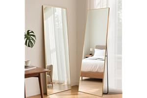 ABXMAS Floor Mirror Square Right Angle 140x40cm Gold, Wall Mirror with Reinforced Black Aluminium Frame and Shatter Resistant Tempered Glass, Compact Size Mirrors for Small Rooms