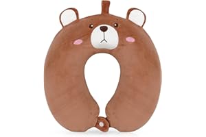 Wishstar Poduszka podróżna z motywem zwierzęcym, niedźwiedź, poduszka pod kark dla dzieci, kreskówka w kształcie litery U, pianka z pamięcią kształtu, poduszka podpierająca do samochodu, pociągu,