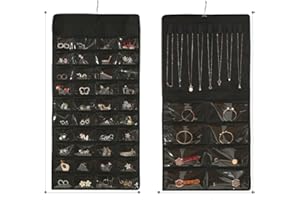 QIUPFGUT Frisiertisch Kleiderschrank Schmuckaufbewahrung, Hängende Schmuck Organizer, Schmuck Organizer Hängend, Hängende Ohrringe Aufbewahrungstaschen, Aufbewahrungsrolle mit Aufhänger(Schwarz)