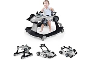 COSTWAY 4-in-1 Baby Walker, Foldable Push Along Walkers with Adjustable Height & Speed, Music, Lights, Steering Wheel, Toddler First Steps Early Development Toy, Ages 6-18 Months (Grey)