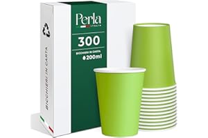 PERLA ITALIA Perla - 300 Bicchieri in Carta da 200ml Ecologici Biodegradabili Monouso - Adatto per Bevande Fredde e Calde - Prodotto e confezionato in Italia - Made in Italy (Verde)