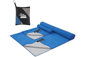JASUEN Microfibre Towel Set- Compact Ultra light Quick Dry Towel for Travel Hiking Camping Sports Gym Beach Swimming Yoga (Double-sided (Dark Blue+Grey), 180x80cm+80x40cm)