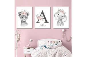 Youihom 3 Affiches Animaux Chambre Bebe Fille Rose Tableau Nom Personnalisé 30x40 Poster Safari Girafe Elephant Lion Mural Enfant Deco sans Cadre