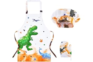 WERNNSAI Delantal Infantil Dinosaurio Impermeable con Gorro Chef y Guantes para Niñas y Niños 2-5 Años - Delantal Ajustable con Bolsillo para Cocinar, Pintar y Hornear - Talla XS